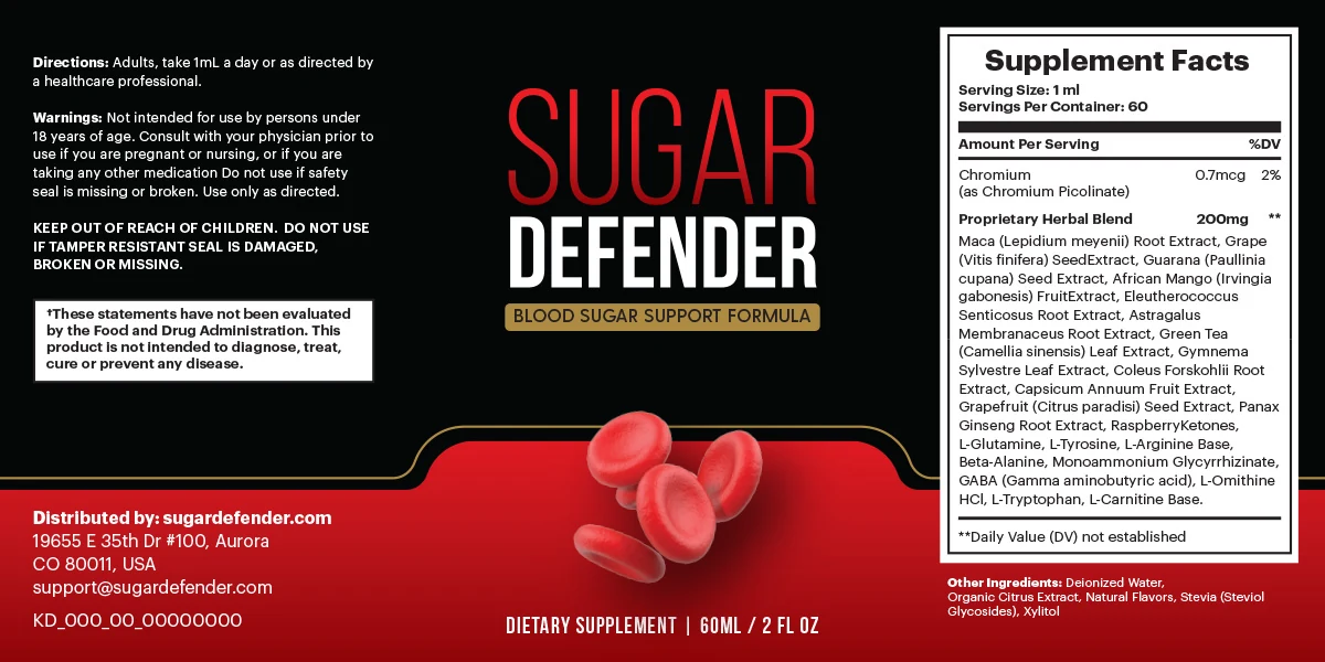 Sugar Defender supplement facts label showing the ingredient blend